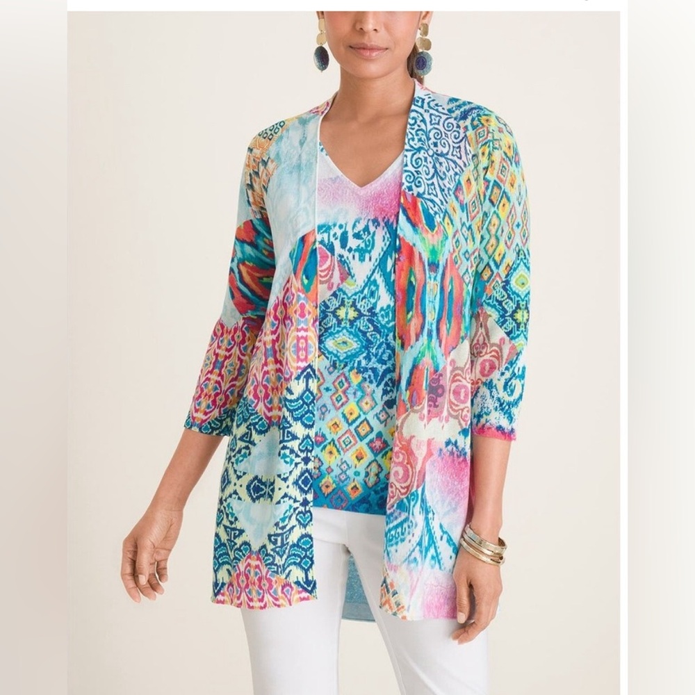 Chico’s Ikat Print Cardigan in Blue and Pink| Size: 3 (16/18)